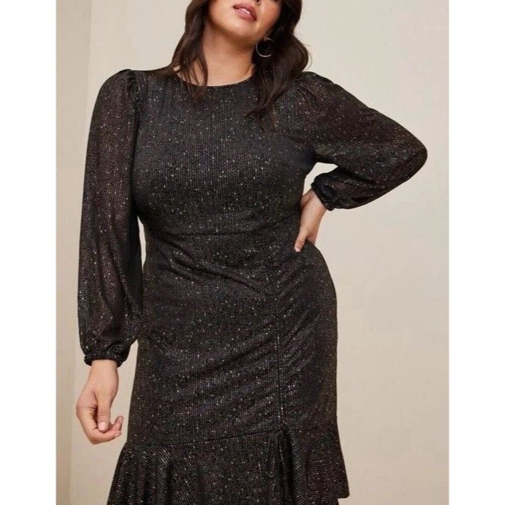 TORRID 5X(28) Black Gold Fit & Flare Mini Studio Knit Ruched Dress Crew Neck - Picture 4 of 16
